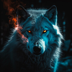 a wolf with a glowing face in the dark with a fire and ice background and a black background with a blue light coming from its, Generative AI