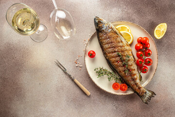 grilled trout fish, Restaurant menu, dieting, cookbook recipe top view - obrazy, fototapety, plakaty