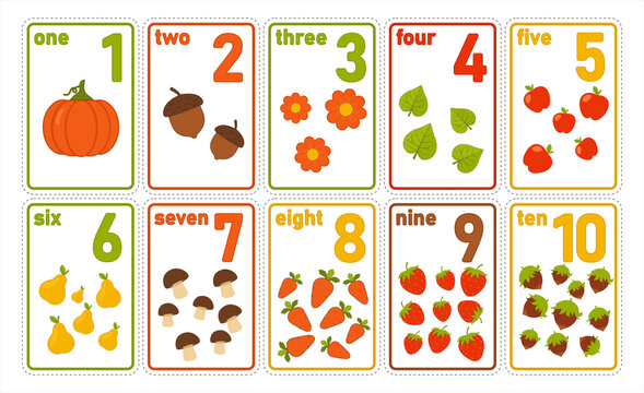 Printable numbers flashcards with vegetables and fruits for preschool learning. Math for kids from 1 to 10. Cartoon style vector count flash cards.