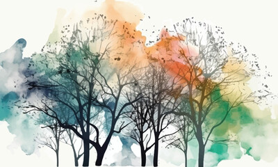 Naklejka na ściany i meble Trees abstract branches neon color white watercolor vector background