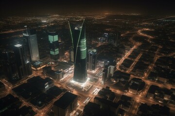 A 4k aerial view of Riyadh cityscape at night. Generative AI