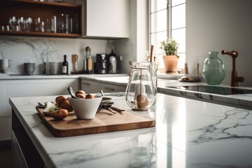 Naklejka na ściany i meble Kitchen counter with white surface and blurred surroundings. Generative AI