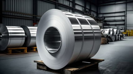 Packed coils of galvanized steel sheet in the warehouse steel plant. Metal rolls in manufacture. AI Generative. - obrazy, fototapety, plakaty
