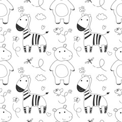 Seamless pattern of jungle animals zebra, hippo, bird. tropical trees and leafs print. funny linear drawings. Cute vector illustration for baby kid textule, fabric, wallpaper design. Hand drawn