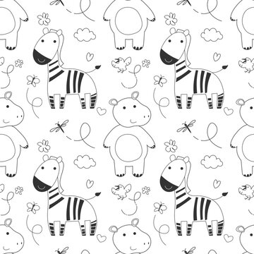 Seamless pattern of jungle animals zebra, hippo, bird. tropical trees and leafs print. funny linear drawings. Cute vector illustration for baby kid textule, fabric, wallpaper design. Hand drawn