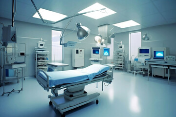 Modern Hospital Room with Natural Lighting, Delivery Bed, and Birthing/Operating Equipment in Light Blue and White Colors