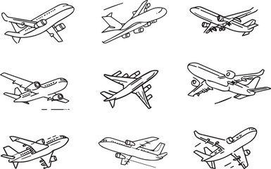 set of airplanes line art vector illustrations