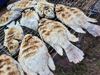 Sea fish wrapped in salt is grilled over charcoal on an iron grid for sale to customers.