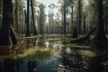 Fototapeta na wymiar Swampy forest. Generative AI