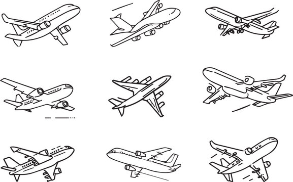 set of airplanes line art vector illustrations