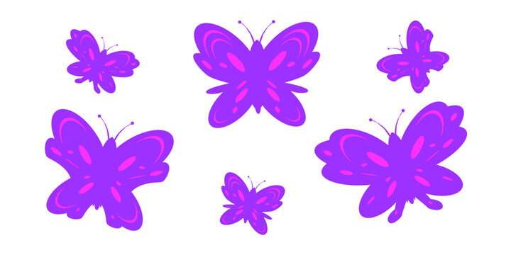 A set or collection of beautiful purple butterflies