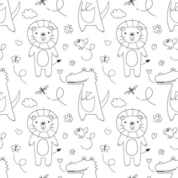 seamless pattern with African animals crocodile and lion in Scandinavian style doodle vector illustration. Cute vector illustration for baby kid textule, fabric, wallpaper design. Hand drawn
