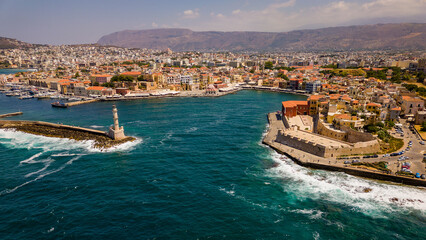 Fototapeta na wymiar Aerial view of the entrance to the main harbour of the port of Chania on the Greek island of Crete