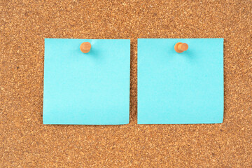 The Blank blue color sticky note paper and wooden thumbtack on wooden background.