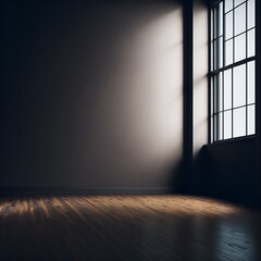 empty room, blank wall and brown wooden floor with interesting light reflections from the window. Interior background for presentation.