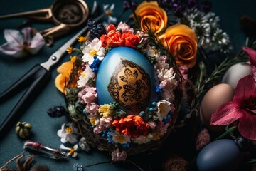 Obraz na płótnie Canvas Colorful Easter egg adorned with flowers and tools. Generative AI