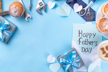 Father's day holiday greeting card. Father's Day morning breakfast with a cute surprise background, with gift boxes, cupcakes, coffee mug, heart decor, tools and ties, Happy Father's Day letter