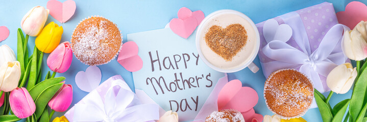 Mother's day holiday greeting card. Mother's Day morning breakfast with a cute surprise background,...