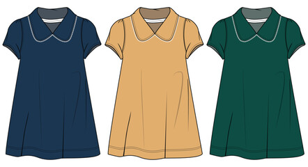 Kids Girls Peter Pan Collar Short Sleeve Shift Dress Color Set  Fashion Illustration, Vector, CAD, Technical Drawing, Flat Drawing, Template, Mockup	