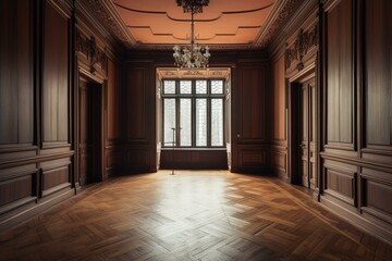 Classic wood-paneled interior with decorative molding, parquet flooring, and room for text. Generative AI