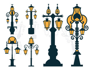 Fototapeta na wymiar Street lamp vector set. laser cut Retro street light pillars and lantern poles