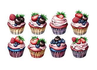 Watercolor cupcakes, on a white background.