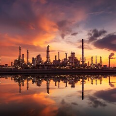Obraz na płótnie Canvas Petrochemical or oil refinery facility with sunset sky as background. generative ai