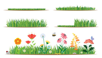 Obraz na płótnie Canvas Flower and grass flat icon set and illustration. Various colorful garden and field flowers and mowed and unmowed grass.