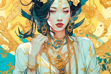 This illustration of a smiling woman in a white yellow dress and gold jewelry, blending intricate and bizarre elements with a captivating color palette of dark yellow and light azure. generative AI.