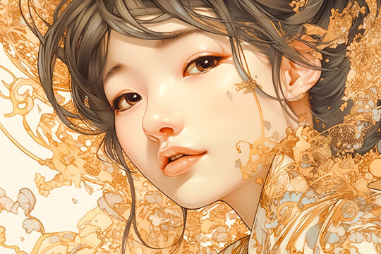 This artwork showcases a smiling woman, delicately surrounded by vibrant yellow flowers and infused with light gold and gold tones. generative AI.