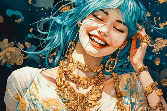 This illustration of a smiling woman in a white yellow dress and gold jewelry, blending intricate and bizarre elements with a captivating color palette of dark yellow and light azure. generative AI.
