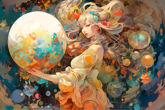 This artwork depicts a woman holding a big white ball, surrounded by orange flowers and delicately infused with light gold and gold tones. generative AI.