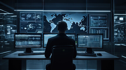 Security Analyst in Front of Large Computer Workspace With Multiple Monitors Generative AI Photo
