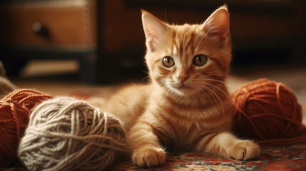 A playful kitten with big, round eyes and a ball of yarn to play with. AI generated
