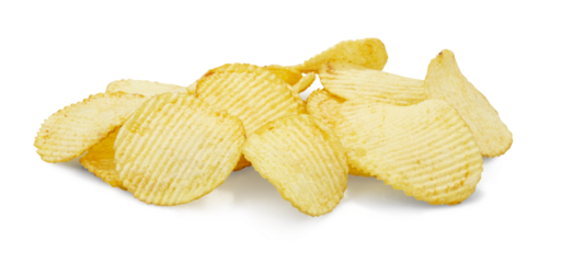 Pile of potato chips fluted close-up on a transparent background. Isolated.
