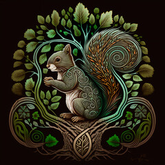 Squirrel, Ratatöskr in Celtic tree of life, Yggdrasil, nordic mythology, Gaelic style, black background, created with Generative Al technology