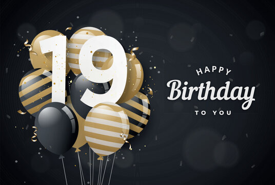 Happy 19th birthday balloons greeting card black background. 19 years anniversary. 19th celebrating with confetti. Vector stock