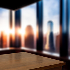 Desk of free space and office interior with window 