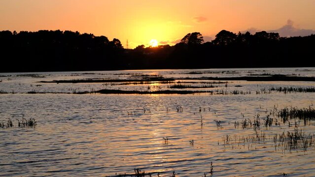 4K Estuary River Auray Sunset Golden Hour Reflection Water Silhouette Brittany