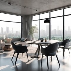 Front view on bright studio room interior with dining table, sofa, armchairs, carpet, concrete floor, panoramic window with city view. generative ai