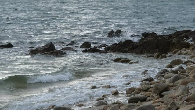4K Rough Ocean Waves Crashing Rocky Shoreline Stormy Weather Brittany Morbihan