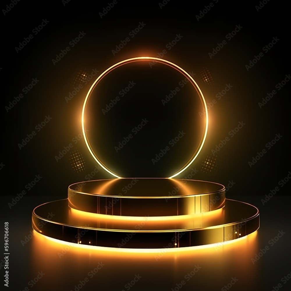 Poster gold podium for a product presentation. abstract golden award platform with rays of light emanating 