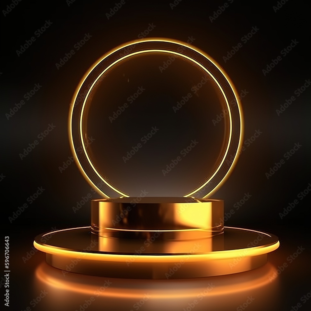 Poster gold podium for product presentation. abstract empty golden award platform with neon glowing round f