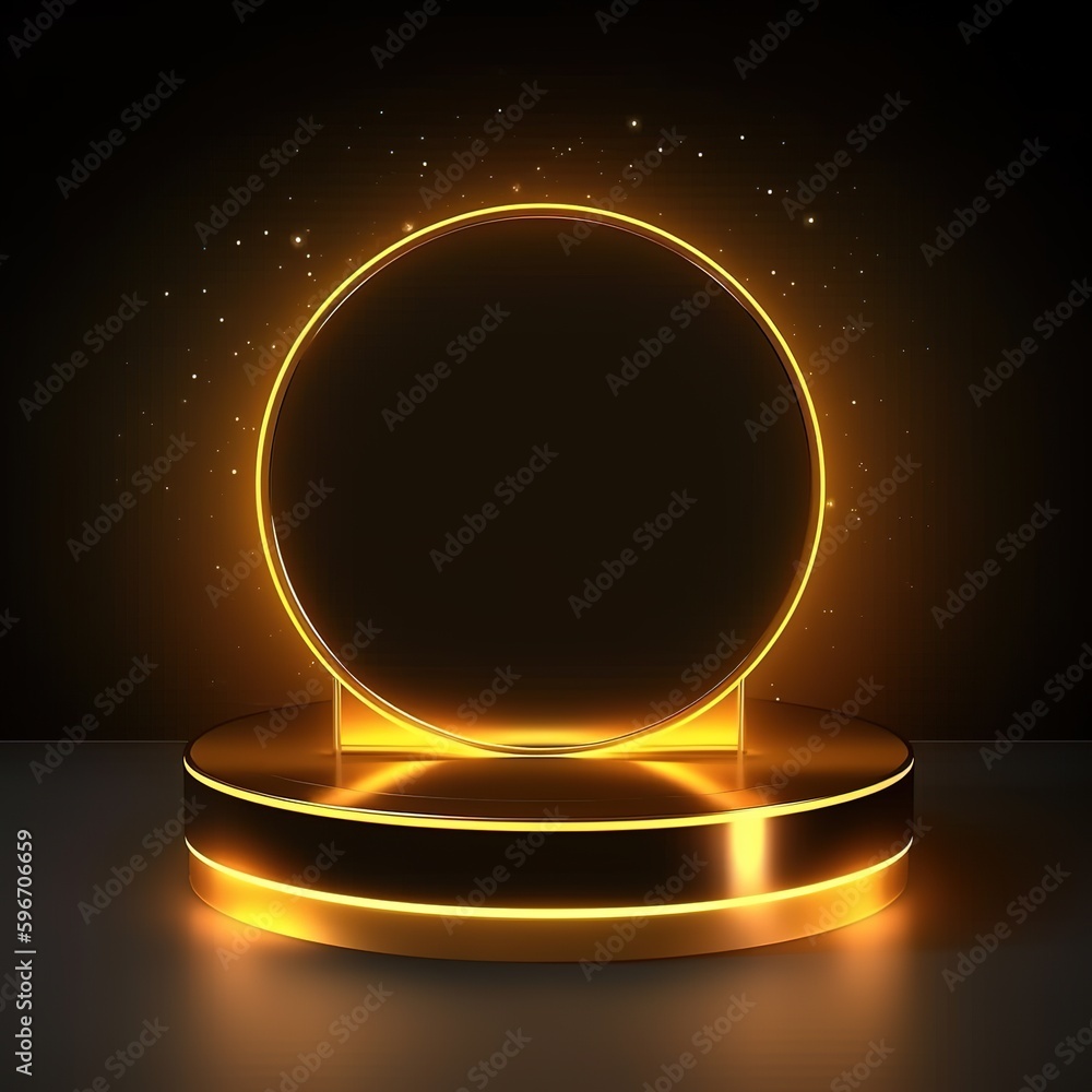 Poster gold podium for product presentation. abstract empty golden award platform with neon glowing round f