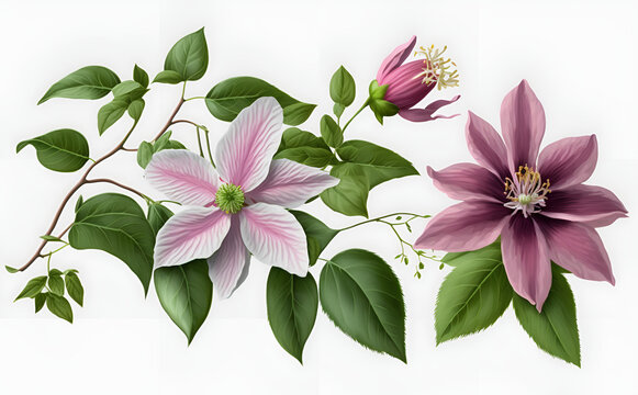fresh pink clematis flowers, bud and leaf isolated over a transparent background, botanical spring design element collection