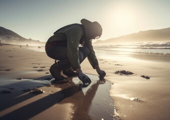 Male Volunteer Cleans Up the Beach. Generative AI.