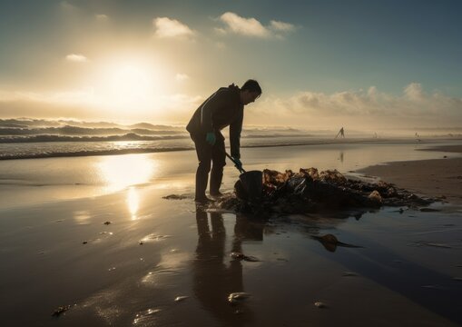 Portrait of A Man Cleaning the Beach. Generative AI.