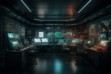 Sci-fi laboratory control room on dark G-floor. 3D rendered for wallpaper background. Generative AI