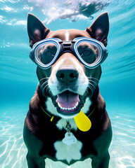 Fototapeta na wymiar Portrait d'un chien nageant sous l’eau.Chien vacancier.En vacances avec ses patrons.Concept chien heureux à la plage.IA générative. 
