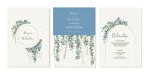 Vector set of rustic wedding invitation templates with hanging vines with blue flowers. Invitation cards, watercolor style details.